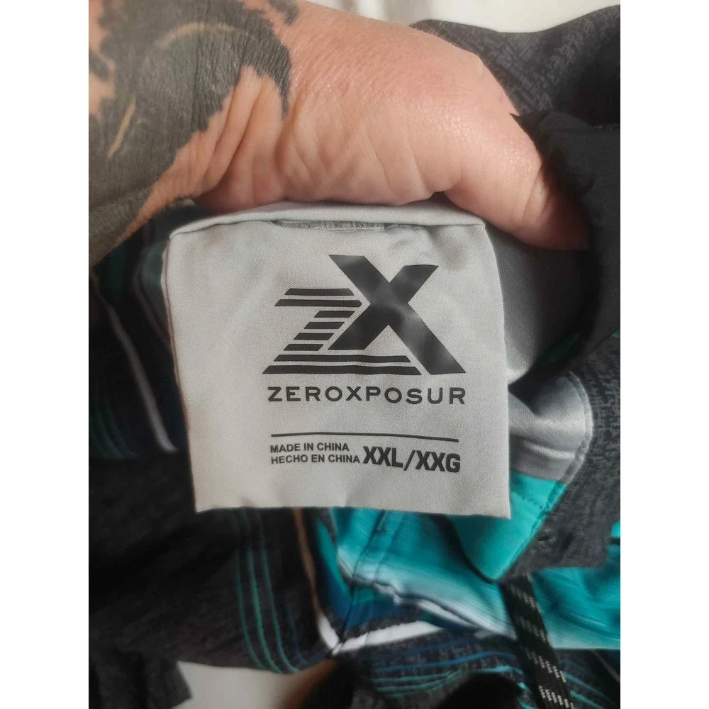 ZeroXposur Mens Board Shorts XXL Gray Teal Striped Swim Trunks Zip Pocket